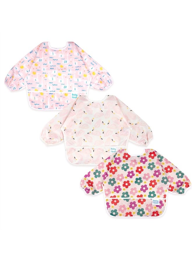 Baby Noah 3 Pcs Long Sleeved Bib Set | Waterproof Bibs with Pocket Bundle | Toddler Bib with Sleeves and Crumb Catcher | Stain and Odor Resistance Play Smock Apron - Pack of 3 | 6-24 Months