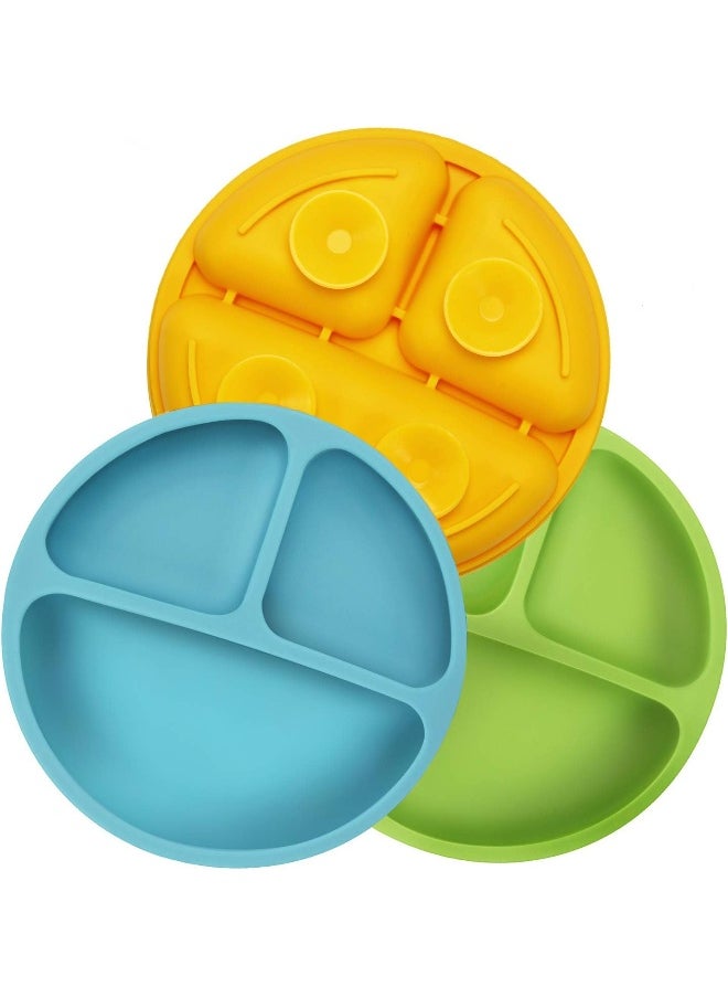Divided Unbreakable Silicone Baby and Toddler Plates - 3 Pack - Non-Slip - Dishwasher and Microwave Safe - Silicone (Suction Blue Green Yellow)