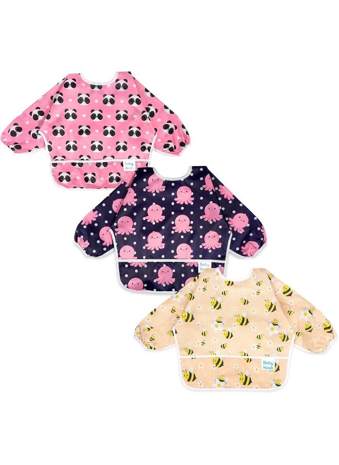 Baby Noah 3 Pcs Waterproof Bibs | Long Sleeves Weaning Smock Bib with Food Catcher Pocket for Toddler Eating | Led Weaning | Full Cover Wearable Sleeved Bibs Shirt Bib Set | 6-24 Months