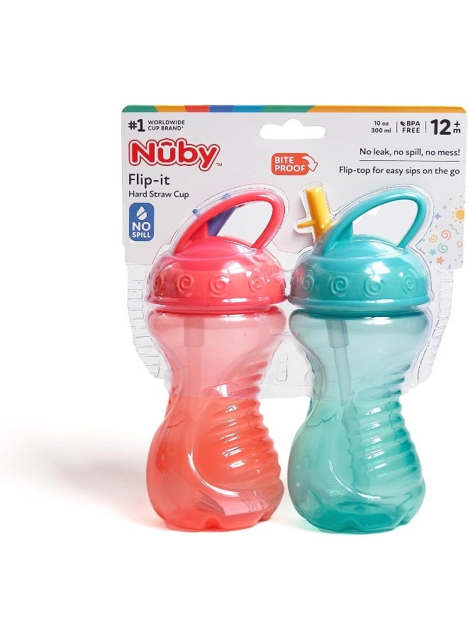 Nuby 2-Pack Flip-It Easy Grip Cups with Easy-Flo Straw, 10 Ounce, Colors May Vary