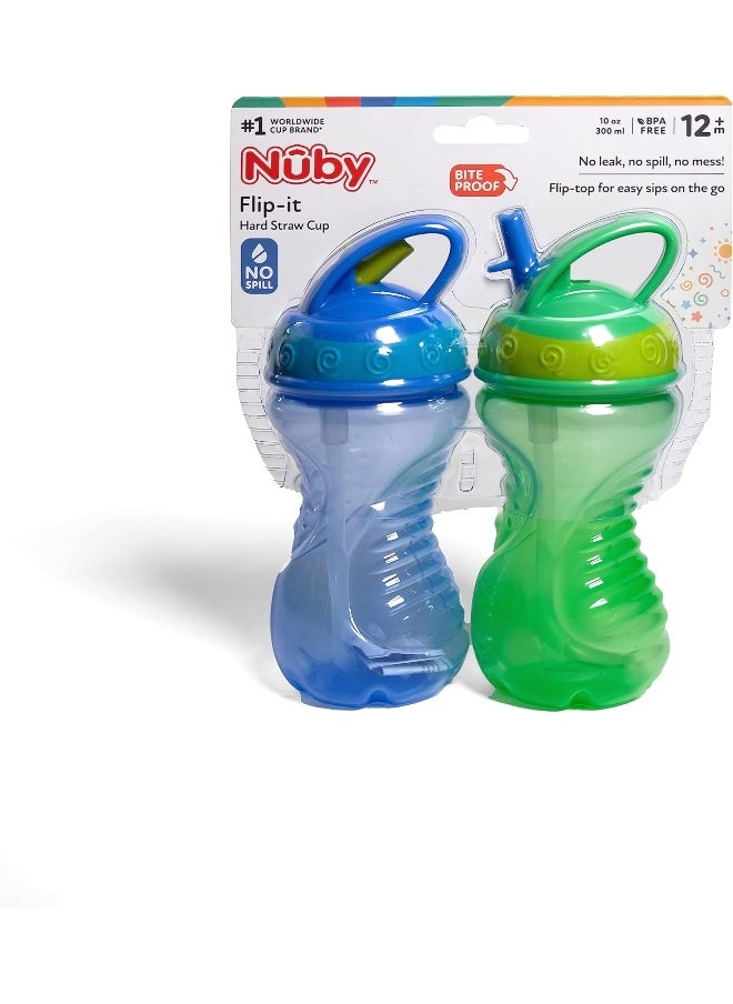 Nuby 2-Pack Flip-It Easy Grip Cups with Easy-Flo Straw, 10 Ounce, Colors May Vary