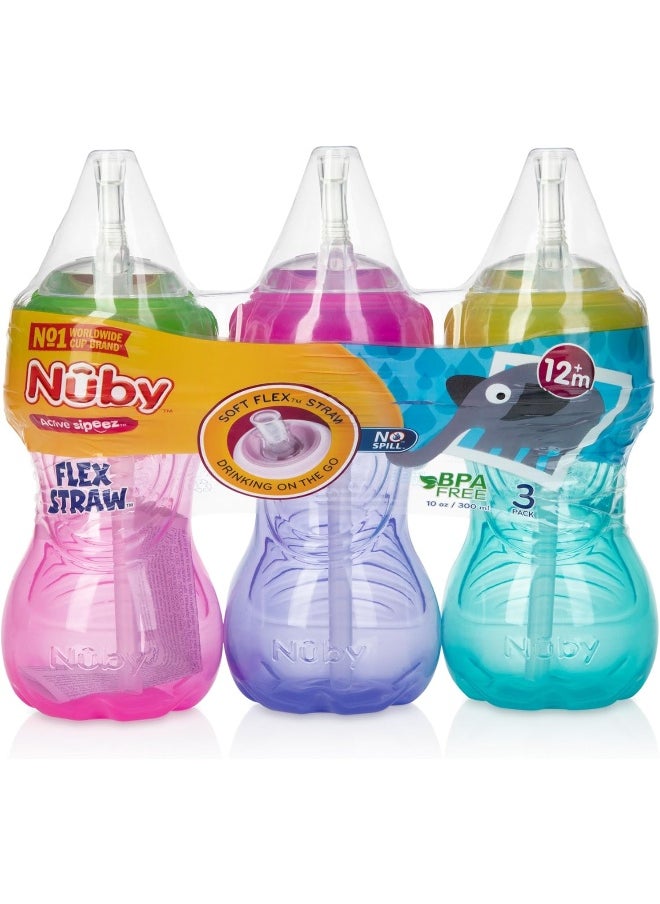 Nuby 3 Piece Girl No-Spill Cup with Flex Straw, 10 Ounce