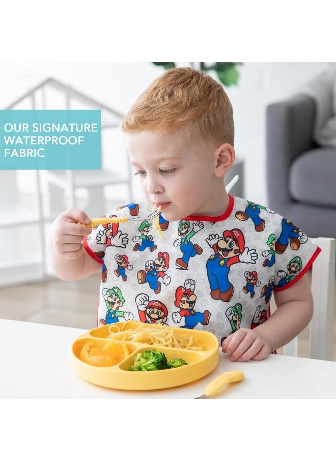 Bumkins Junior Bib, Short Sleeve Toddler Bib, Smock for Kids 1-3 Years, Waterproof Fabric, Nintendo Mario & Luigi
