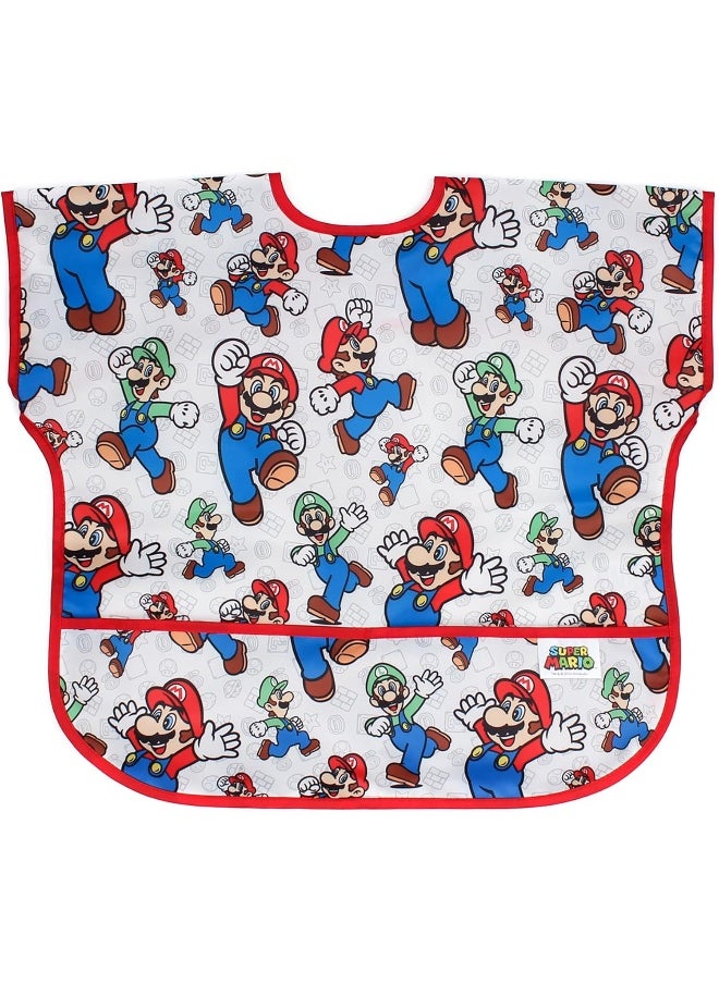 Bumkins Junior Bib, Short Sleeve Toddler Bib, Smock for Kids 1-3 Years, Waterproof Fabric, Nintendo Mario & Luigi