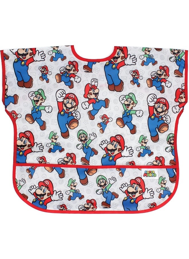 Bumkins Junior Bib, Short Sleeve Toddler Bib, Smock for Kids 1-3 Years, Waterproof Fabric, Nintendo Mario & Luigi