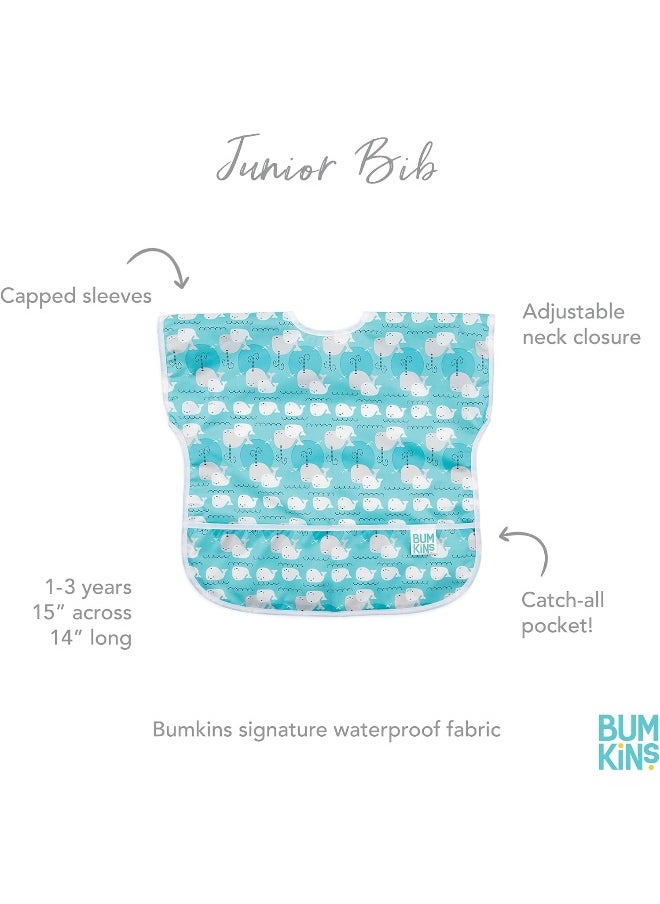 Bumkins Bibs, Baby and Toddler, Big Kids Girl and Boy, Large for Children 1-3 Years, Short Sleeve, Mess Saving, Smock for Eating and Playtime, Lightweight Waterproof Soft Fabric, Whales Away
