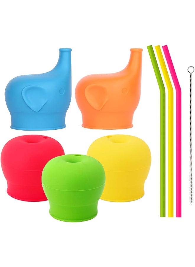 Silicone Sippy Straw Cup Lids for Toddlers Babies (Pack of 5) - 3 Drinking Straws Included - Reusable, Spill-proof, Durable - Stretches to Cover Tumblers, Yeti Rambler, Mason Jars, Cups and Mugs