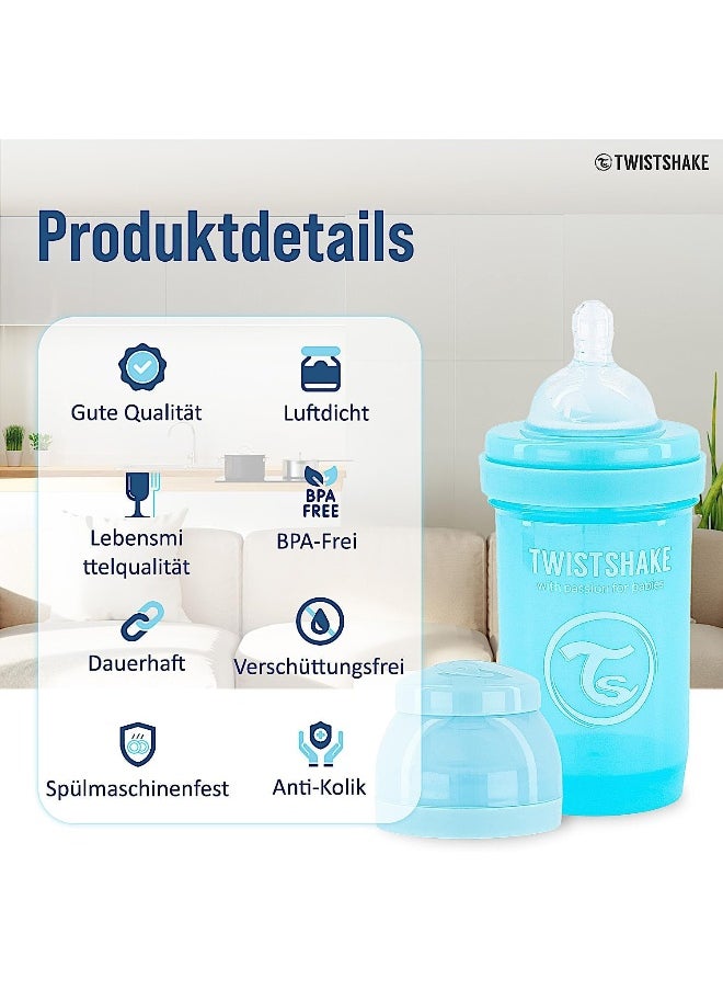 Twistshake Anti-Colic Baby Bottle with Milk Powder Container and Mixer - 180ml | Slow Flow Silicone Breast-Like Nipple | BPA- Free | Suitable for Newborns (0+) | Blue