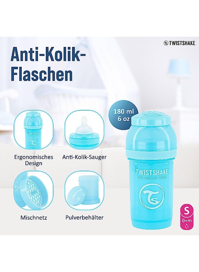 Twistshake Anti-Colic Baby Bottle with Milk Powder Container and Mixer - 180ml | Slow Flow Silicone Breast-Like Nipple | BPA- Free | Suitable for Newborns (0+) | Blue
