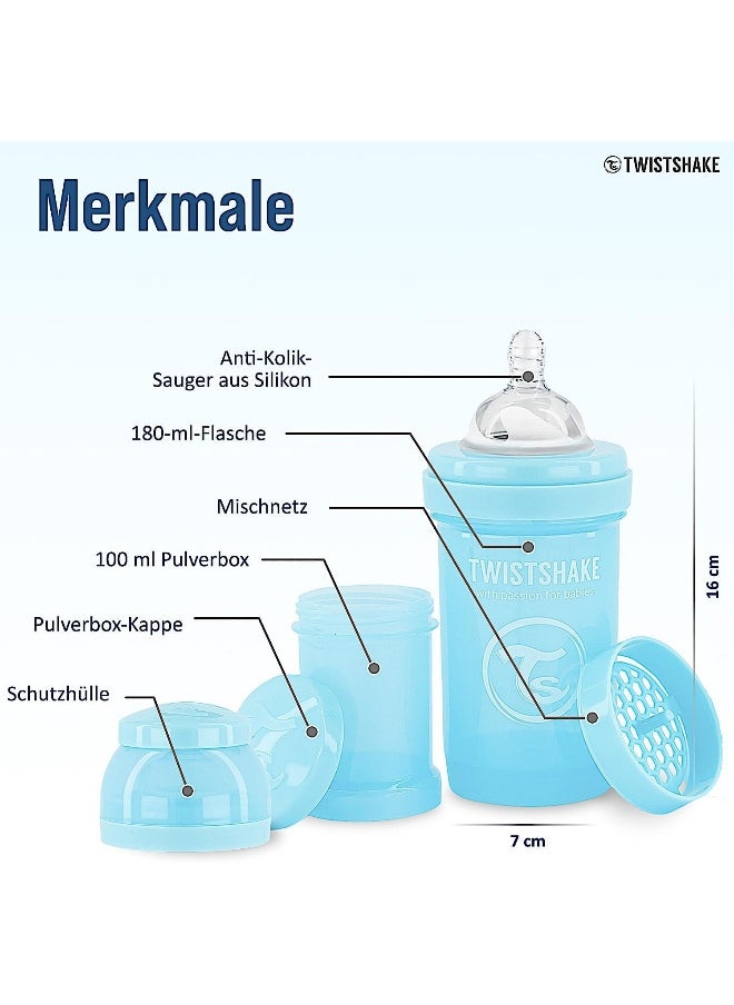 Twistshake Anti-Colic Baby Bottle with Milk Powder Container and Mixer - 180ml | Slow Flow Silicone Breast-Like Nipple | BPA- Free | Suitable for Newborns (0+) | Blue