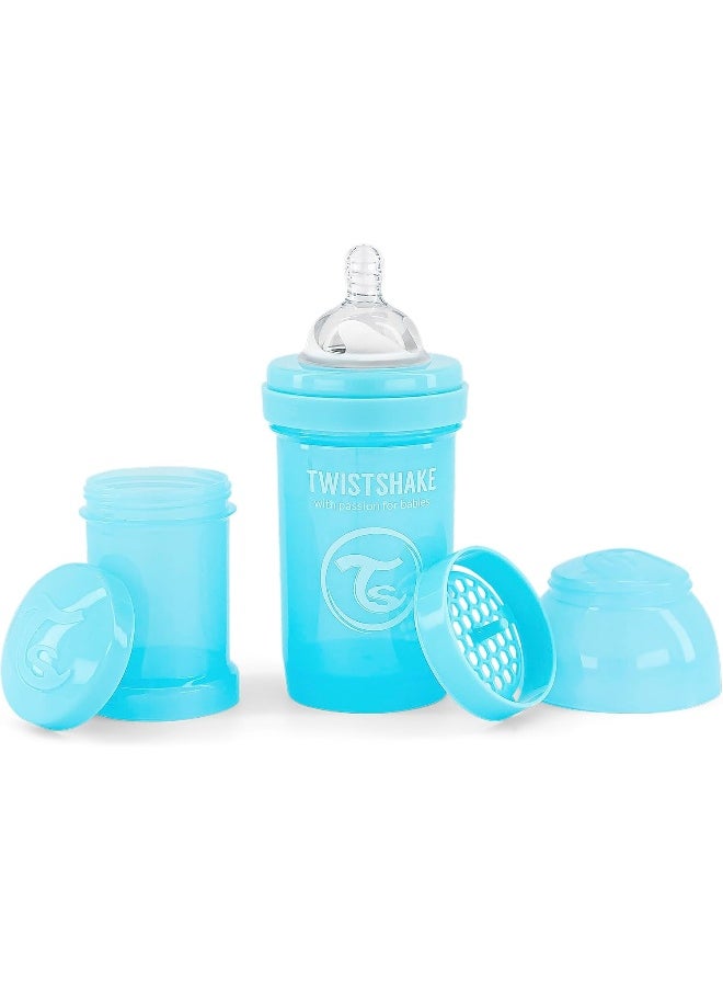 Twistshake Anti-Colic Baby Bottle with Milk Powder Container and Mixer - 180ml | Slow Flow Silicone Breast-Like Nipple | BPA- Free | Suitable for Newborns (0+) | Blue
