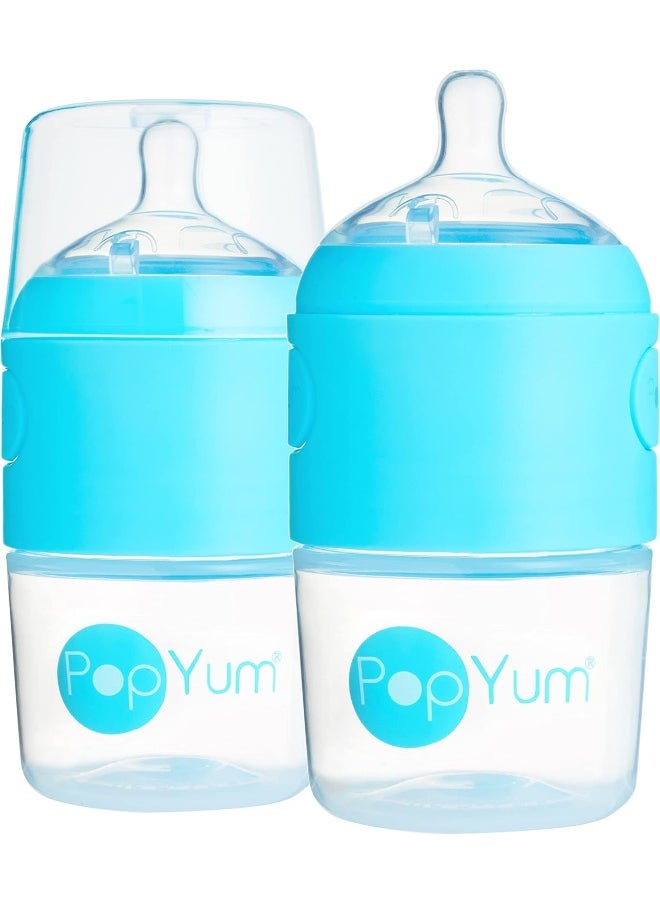 PopYum 5 oz Blue Anti-Colic Formula Making/Mixing/Dispenser Baby Bottles, 2-Pack with #1 Slow Flow , 150 ml, BPA-Free, Natural Latch