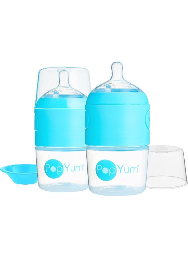 PopYum 5 oz Blue Anti-Colic Formula Making/Mixing/Dispenser Baby Bottles, 2-Pack with #1 Slow Flow , 150 ml, BPA-Free, Natural Latch