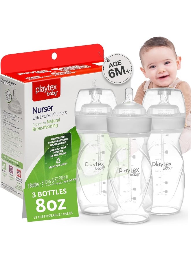Playtex Baby Nurser Anti Colic Bottle with Pre Sterilized Disposable Drop Ins Liners, Closer to Breastfeeding, 8 Ounce Bottles, 3 Count