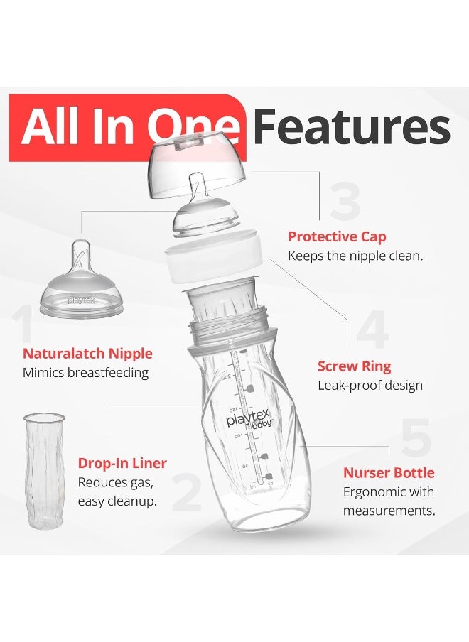Playtex Baby Nurser Anti Colic Bottle with Pre Sterilized Disposable Drop Ins Liners, Closer to Breastfeeding, 8 Ounce Bottles, 3 Count