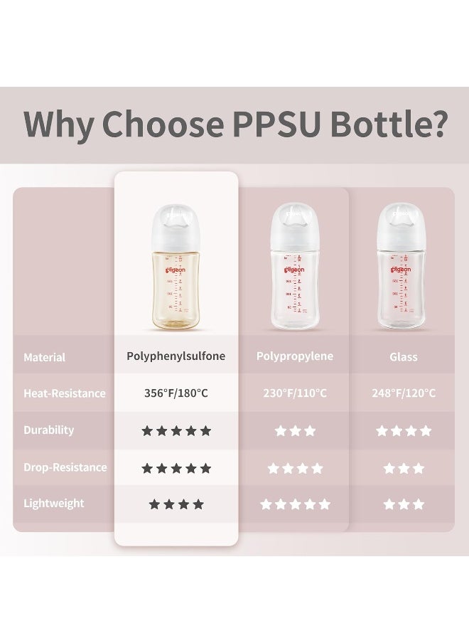 Pigeon PPSU Nursing Bottle Wide Neck, Streamlined Body, Natural Feel, Easy to Clean, White, 8.1 Oz (Pack of 2)
