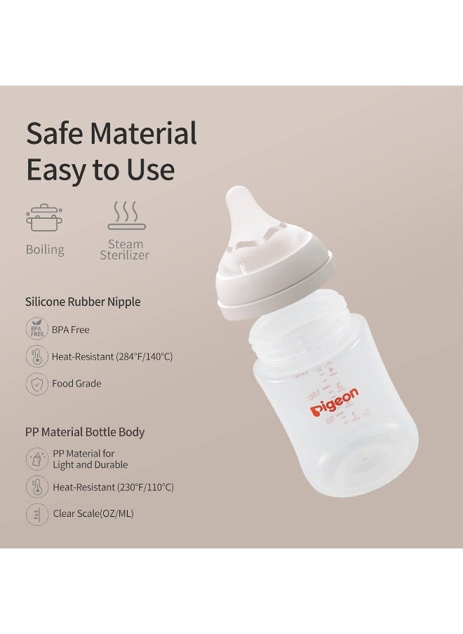 Pigeon PP Nursing Bottle Wide Neck, Streamlined Body, Natural Feel, Easy to Clean, 5.4 Oz(Pack of 4), Includes 4pcs SS Nipples (0m+)