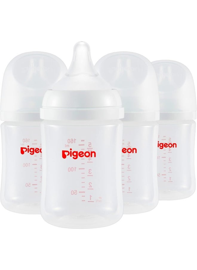 Pigeon PP Nursing Bottle Wide Neck, Streamlined Body, Natural Feel, Easy to Clean, 5.4 Oz(Pack of 4), Includes 4pcs SS Nipples (0m+)
