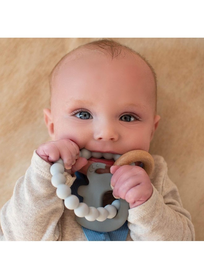 Nuby Natural Wood & Silicone Teether Ring: 3 M+, Elephant, Gray