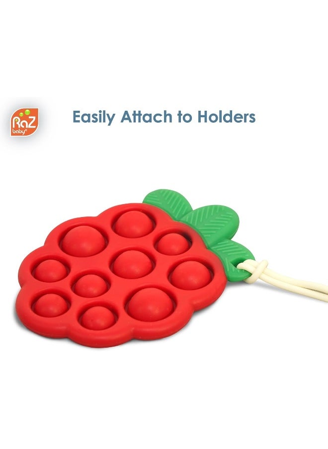 RaZbaby RaZberry Pop Teether for Babies 3 Months & Up - Natural Raspberry Shaped Designed with Soft BPA Free Silicone Poppers - Textured for Sensory Stimulation & Development