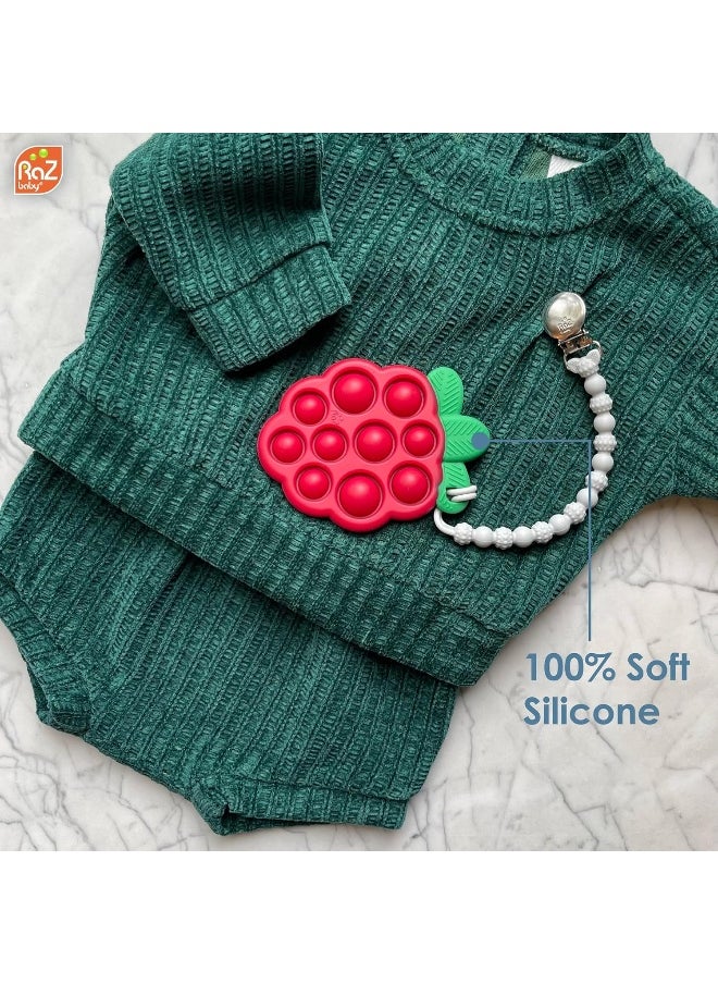 RaZbaby RaZberry Pop Teether for Babies 3 Months & Up - Natural Raspberry Shaped Designed with Soft BPA Free Silicone Poppers - Textured for Sensory Stimulation & Development