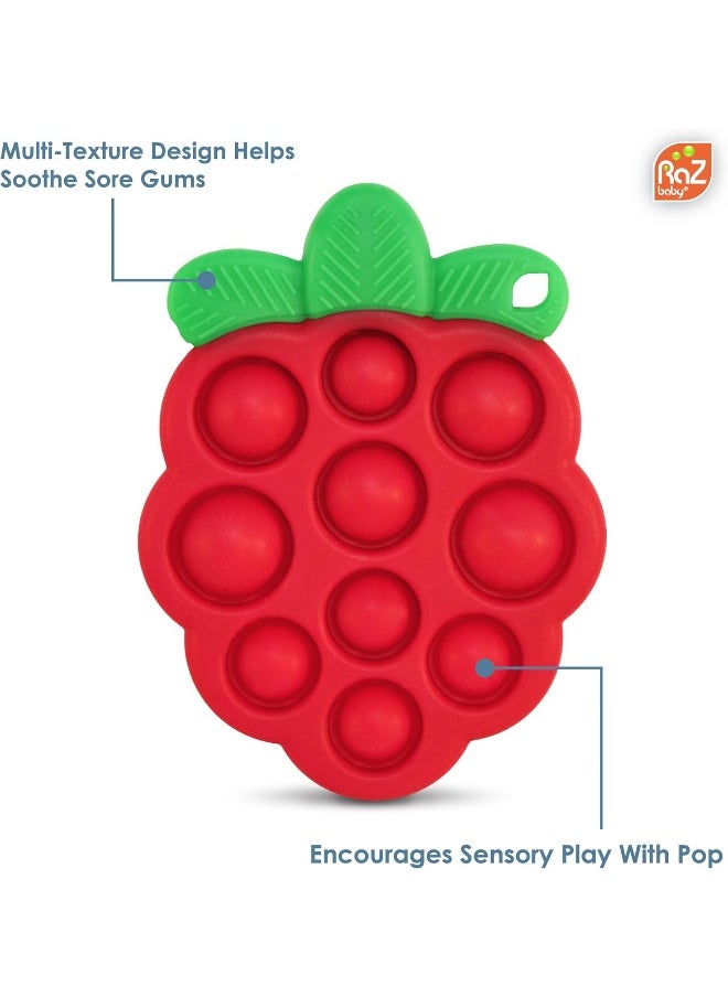 RaZbaby RaZberry Pop Teether for Babies 3 Months & Up - Natural Raspberry Shaped Designed with Soft BPA Free Silicone Poppers - Textured for Sensory Stimulation & Development