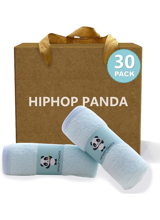 HIPHOP PANDA Baby Washcloths, Rayon Made from Bamboo - 2 Layer Ultra Soft Absorbent Newborn Bath Face Towel - Reusable Baby Wipes for Delicate Skin - Blue, 30 Pack