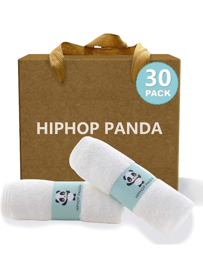 HIPHOP PANDA Baby Washcloths, Rayon Made from Bamboo - 2 Layer Ultra Soft Absorbent Newborn Bath Face Towel - Reusable Baby Wipes for Delicate Skin - White, 30 Pack