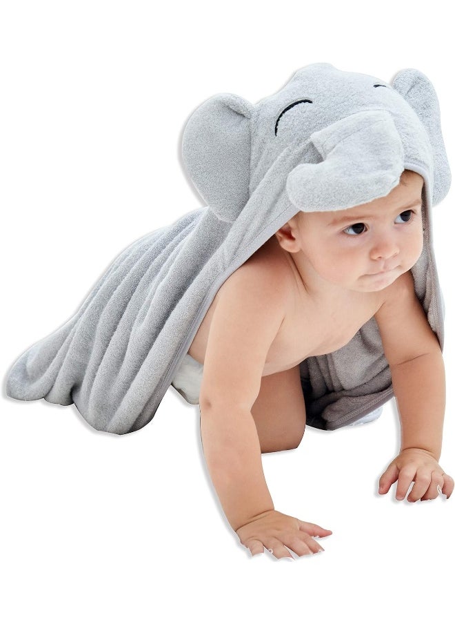 HIPHOP PANDA Hooded Towel - Rayon Made from Bamboo, Bath Towel with Bear Ears for Newborn, Baby, Toddler, Infant - Absorbent Large Baby Towel - Grey Elephant, 30 x 30 Inch