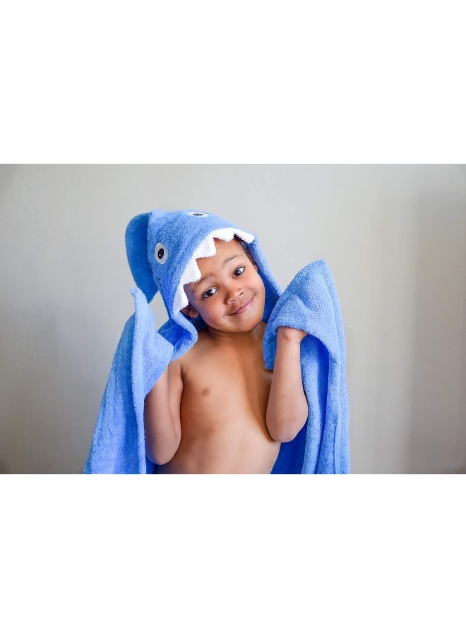 Yikes Twins Hooded Baby Towel for Kids 2-8 | Large 100% Cotton Baby Shark Towel for Boys or Girls in Blue | Unisex Cute Shark Bath Towels for Babies and Toddlers