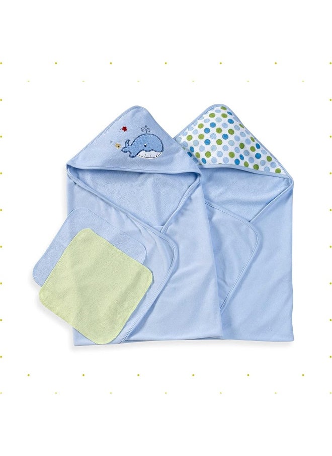 Spasilk Hooded Terry Bath Towel with Washcloths, Whale Blue, 2-Count