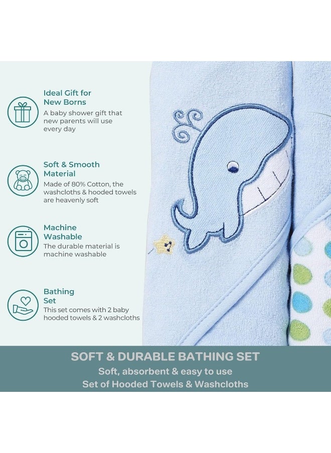 Spasilk Hooded Terry Bath Towel with Washcloths, Whale Blue, 2-Count