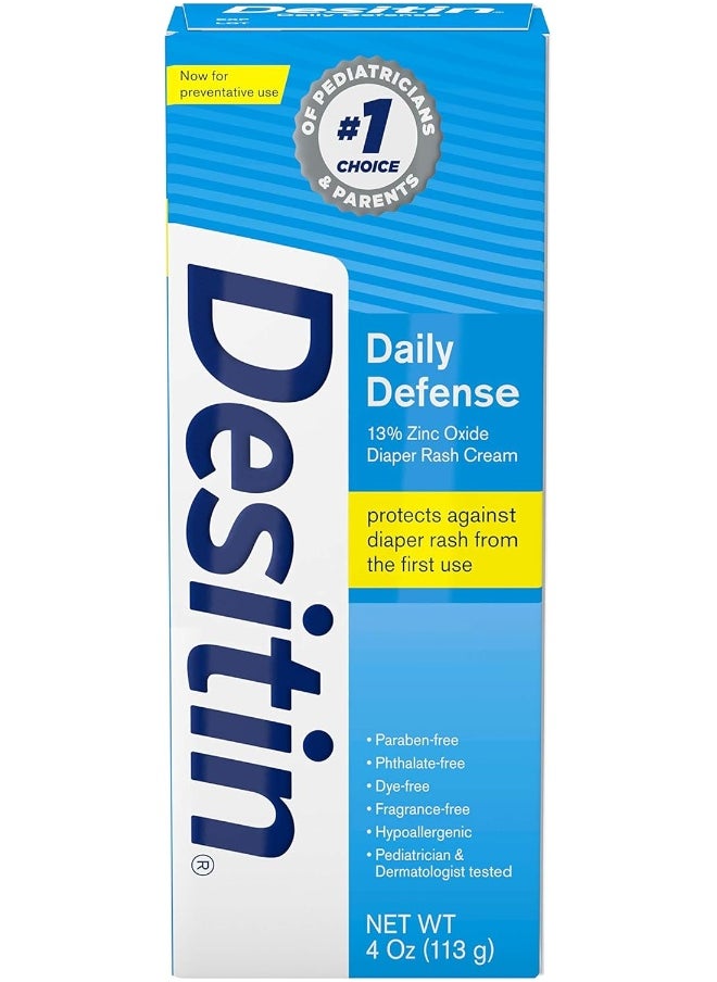 Desitin Daily Defense Baby Diaper Rash Cream with Zinc Oxide to Treat, Relieve & Prevent diaper rash, Hypoallergenic, Dye-, Phthalate- & Paraben-Free, 4 oz