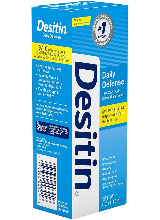 Desitin Daily Defense Baby Diaper Rash Cream with Zinc Oxide to Treat, Relieve & Prevent diaper rash, Hypoallergenic, Dye-, Phthalate- & Paraben-Free, 4 oz