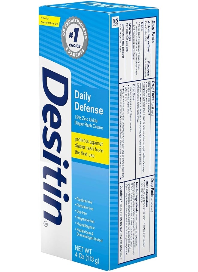 Desitin Daily Defense Baby Diaper Rash Cream with Zinc Oxide to Treat, Relieve & Prevent diaper rash, Hypoallergenic, Dye-, Phthalate- & Paraben-Free, 4 oz