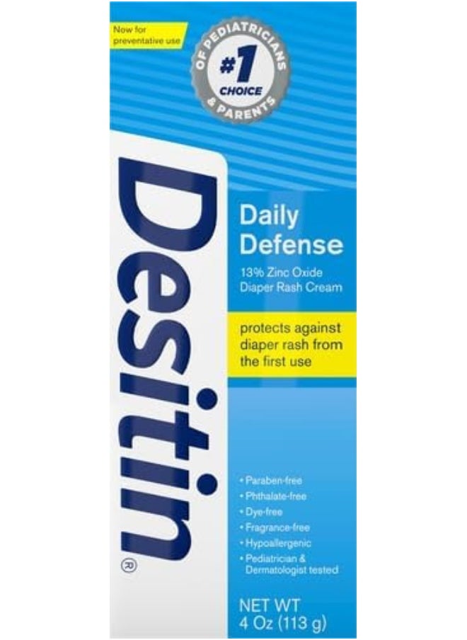 Desitin Daily Defense Baby Diaper Rash Cream with Zinc Oxide to Treat, Relieve & Prevent diaper rash, Hypoallergenic, Dye-, Phthalate- & Paraben-Free, 4 oz