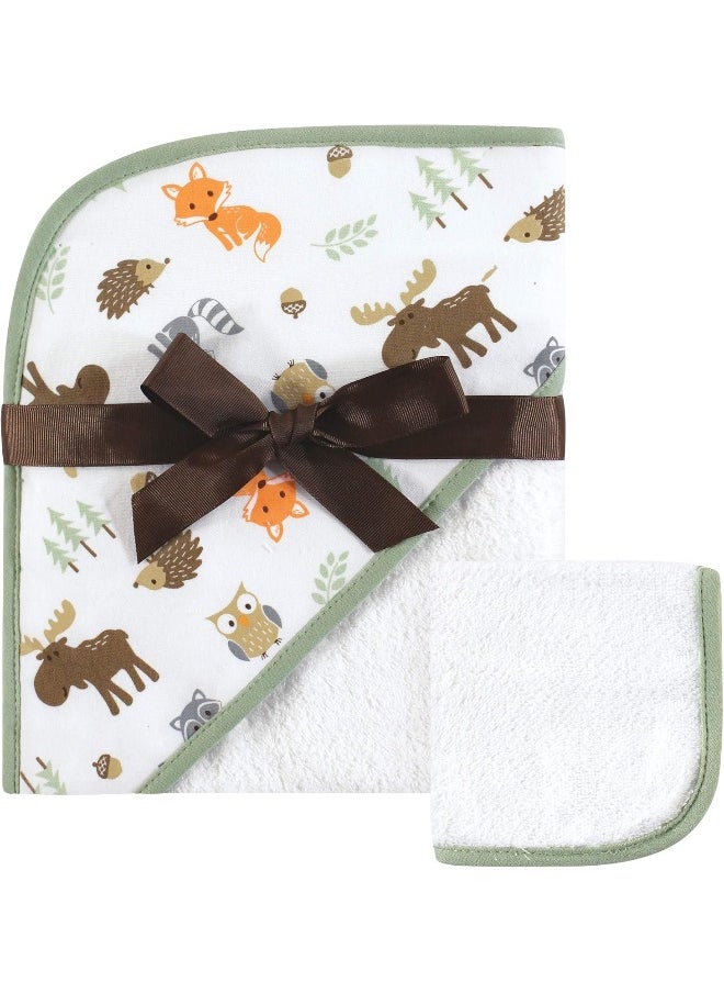 Hudson Baby Unisex Baby Cotton Hooded Towel and Washcloth, Woodland, One Size