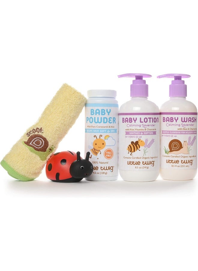 Little Twig Baby Basics Baby Powder Plus Baby Wash and Lotion Washcloth and Tub Toy Gift Set