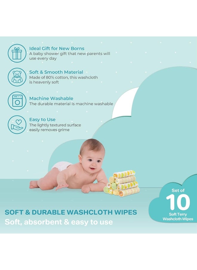 Spasilk Washcloth Wipes Set for Newborn Boys and Girls, Soft Terry Washcloth Set, Pack of 10, Yellow Dots