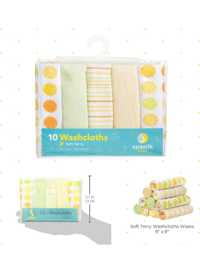 Spasilk Washcloth Wipes Set for Newborn Boys and Girls, Soft Terry Washcloth Set, Pack of 10, Yellow Dots