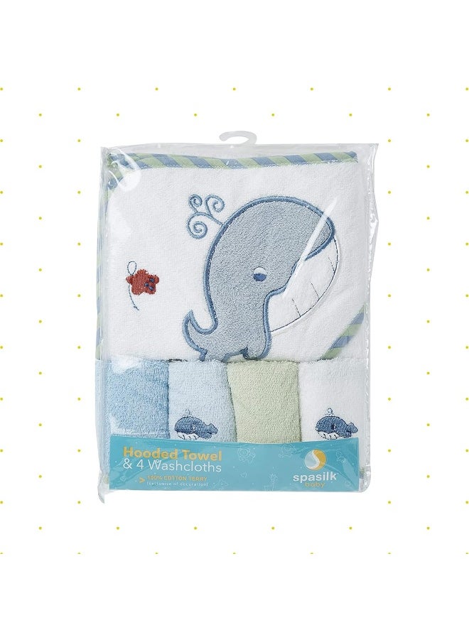 Spasilk Bath Hooded Towels & Washcloths Set for Babies, Hooded Terry Bath Towel & 4 Washcloths, Blue