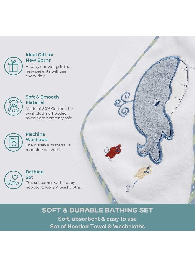 Spasilk Bath Hooded Towels & Washcloths Set for Babies, Hooded Terry Bath Towel & 4 Washcloths, Blue