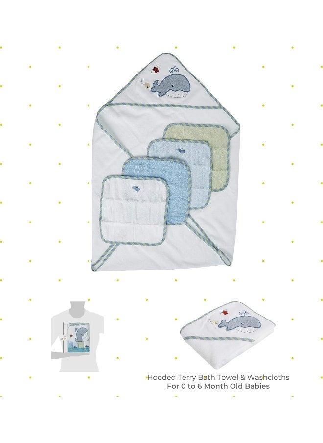 Spasilk Bath Hooded Towels & Washcloths Set for Babies, Hooded Terry Bath Towel & 4 Washcloths, Blue