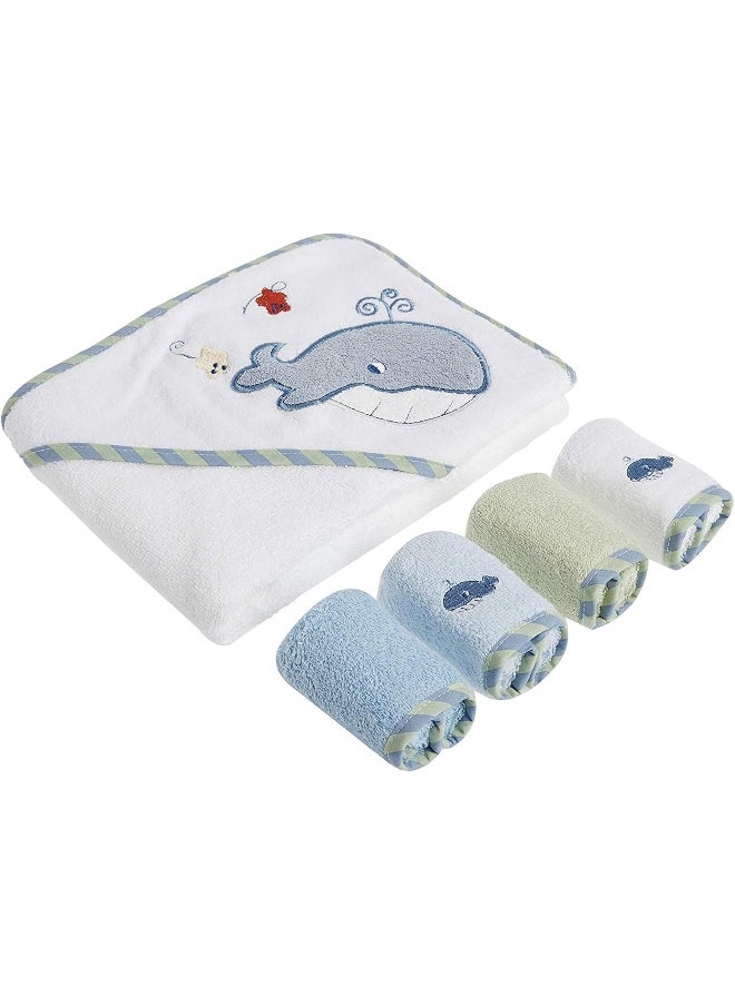 Spasilk Bath Hooded Towels & Washcloths Set for Babies, Hooded Terry Bath Towel & 4 Washcloths, Blue