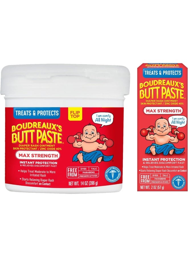 Boudreaux's Butt Paste Maximum Strength Diaper Rash Cream, Ointment for Baby, 2 oz Tube & 14 oz Jar
