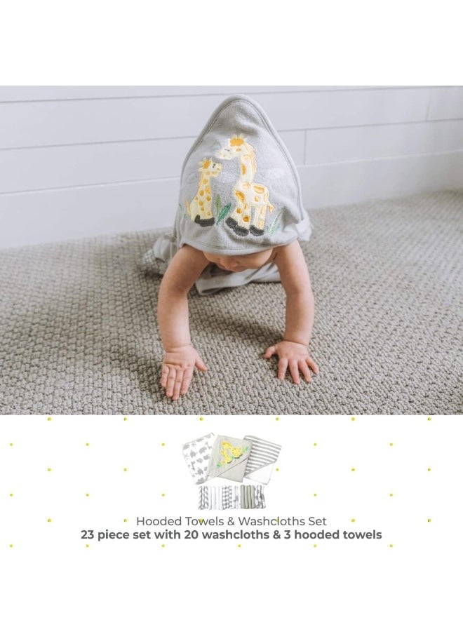 Spasilk Bath Hooded Towels & Washcloths Set for Babies, 23-Piece Gift Set, Grey