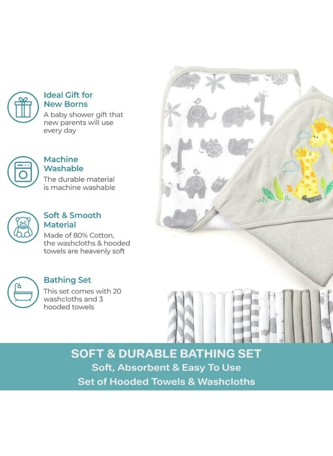 Spasilk Bath Hooded Towels & Washcloths Set for Babies, 23-Piece Gift Set, Grey