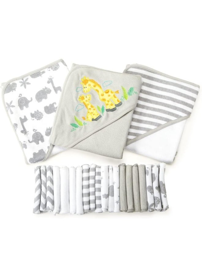 Spasilk Bath Hooded Towels & Washcloths Set for Babies, 23-Piece Gift Set, Grey