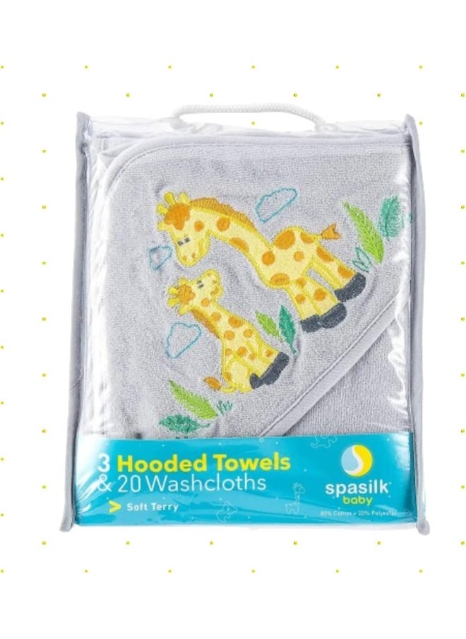 Spasilk Bath Hooded Towels & Washcloths Set for Babies, 23-Piece Gift Set, Grey