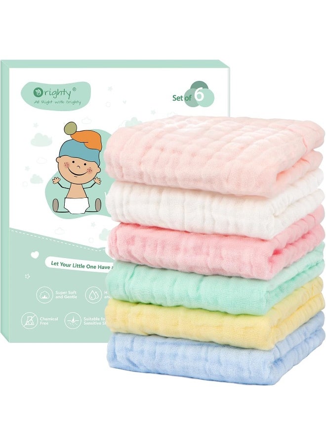 Orighty Muslin Baby Washcloths Pack of 6 - Soft Face Cloths for Newborn, Absorbent Baby Bath and Face Towels, 100% Cotton Baby Wipes, Burp Cloths, Feeding Towels for Babies and Infants - 10 x 10’’
